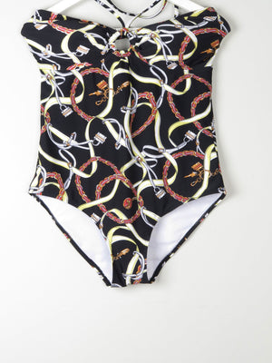 Women’s Vintage Style Halter-neck  Padded Black Swimsuit With Horse Bit Print 48 XL - The Harlequin