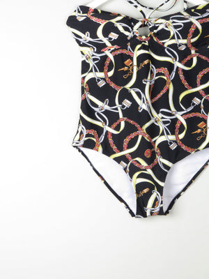 Women’s Vintage Style Halter-neck  Padded Black Swimsuit With Horse Bit Print 48 XL - The Harlequin