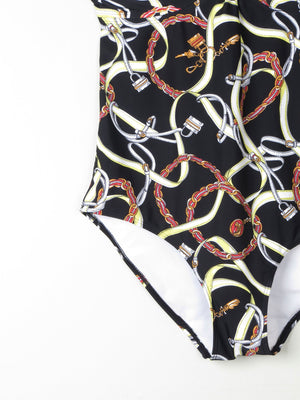 Women’s Vintage Style Halter-neck  Padded Black Swimsuit With Horse Bit Print 48 XL - The Harlequin