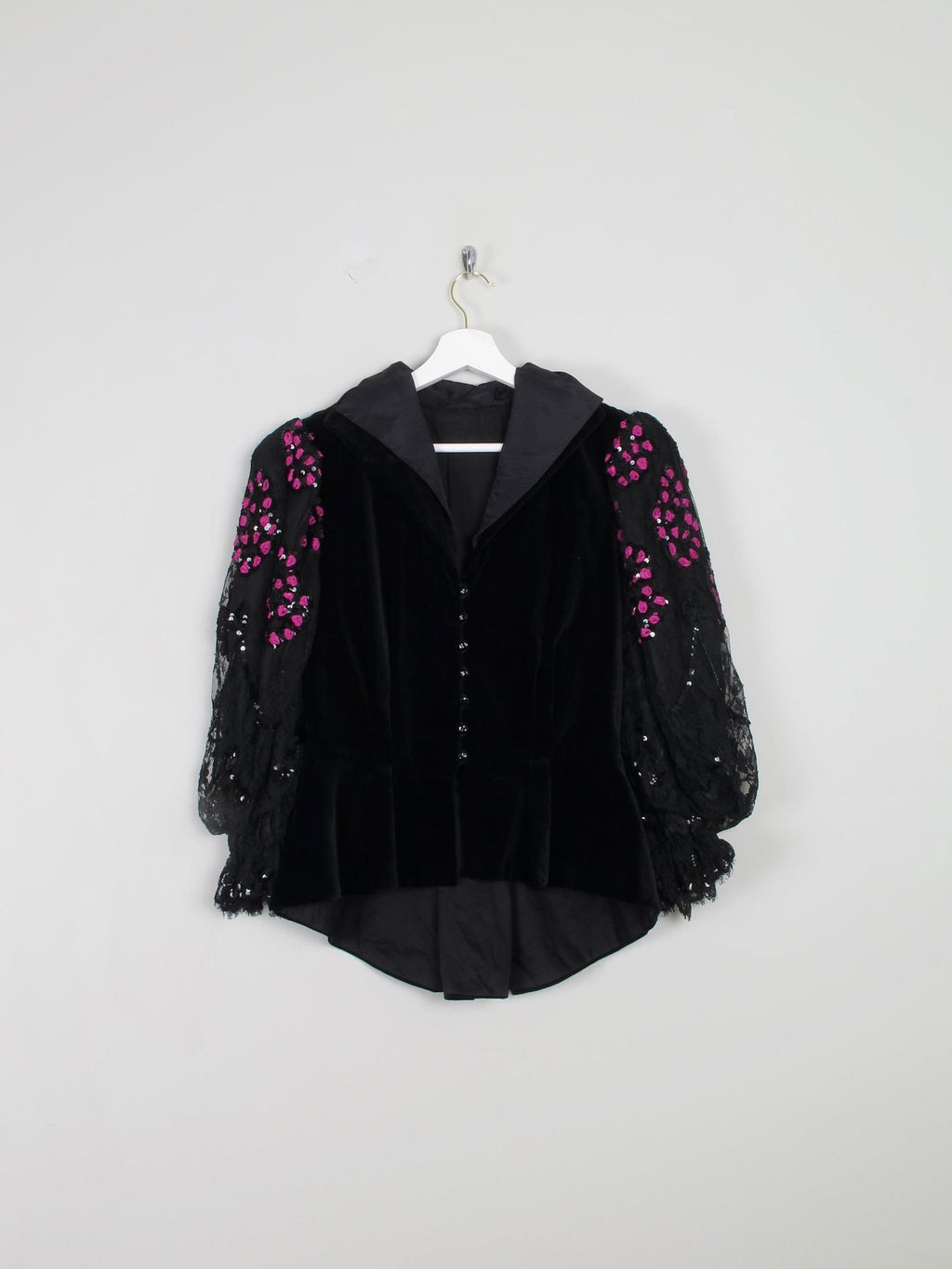 Women's Vintage Velvet & Lace Victorian Style Peplum 80s Jacket S - The Harlequin