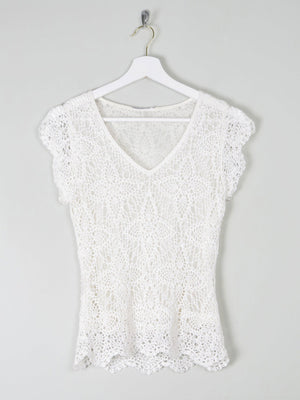 Women's Vintage White Crochet V-Neck Top S - The Harlequin