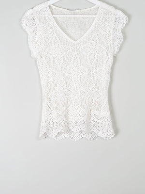 Women's Vintage White Crochet V-Neck Top S - The Harlequin