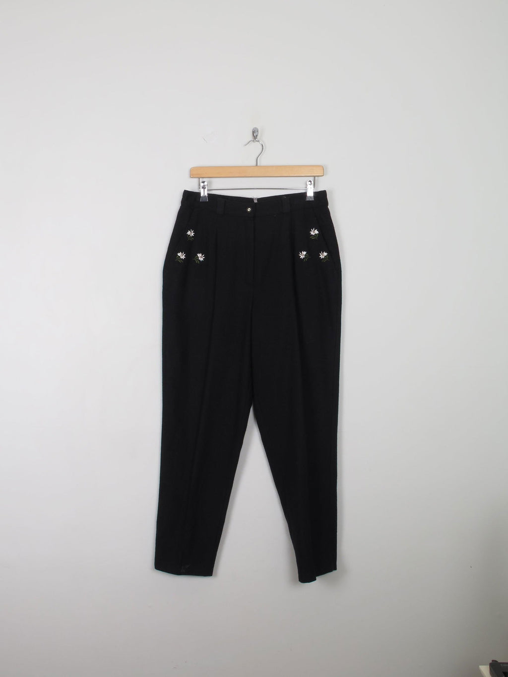 Women's Vintage Wool Trousers Black With Embroidery  32"W - The Harlequin