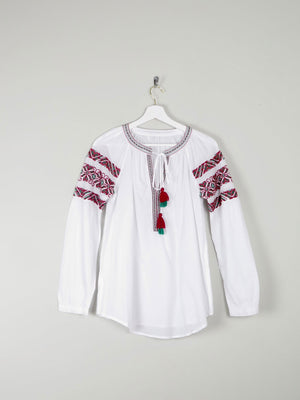 Women's White Peasant Blouse With Embroidery & Tassels S/M - The Harlequin