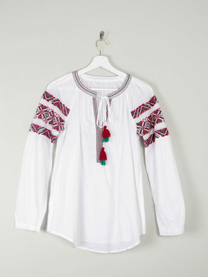 Women's White Peasant Blouse With Embroidery & Tassels S/M - The Harlequin