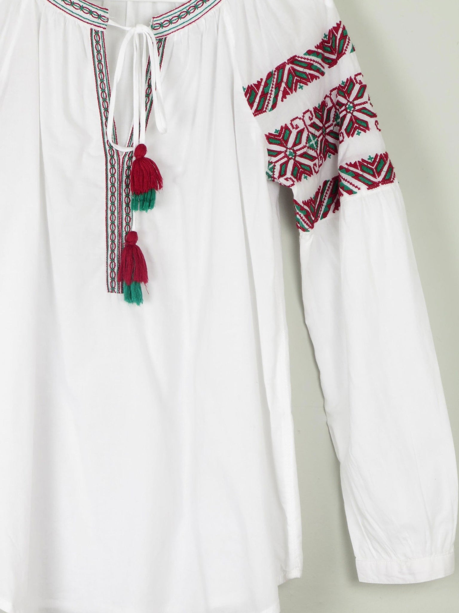 Women's White Peasant Blouse With Embroidery & Tassels S/M - The Harlequin