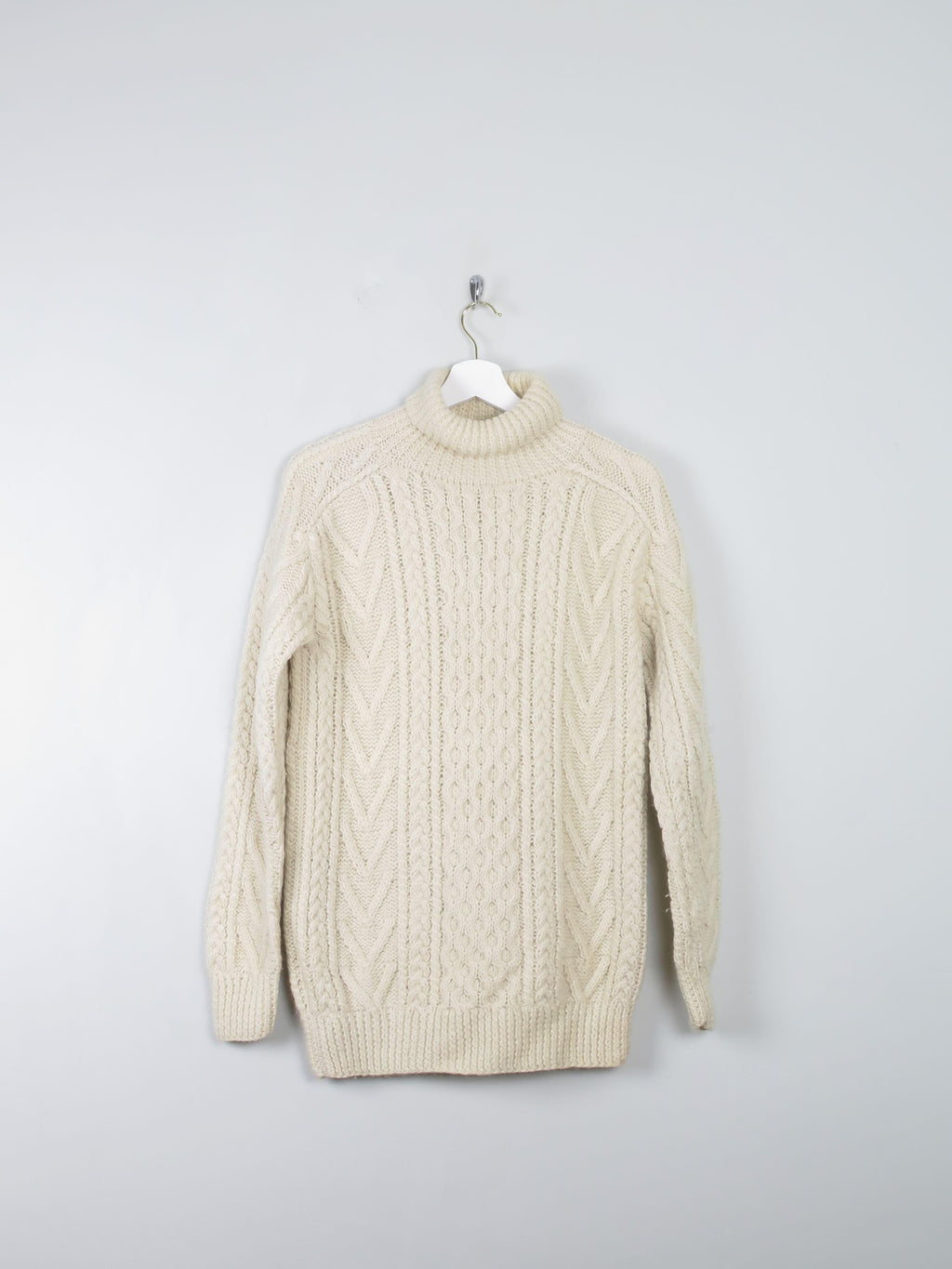 Men's Cream Vintage Aran Jumper Polo Neck S - The Harlequin