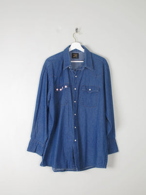 Men's Vintage Blue Denim Shirt With USA Flag L - The Harlequin