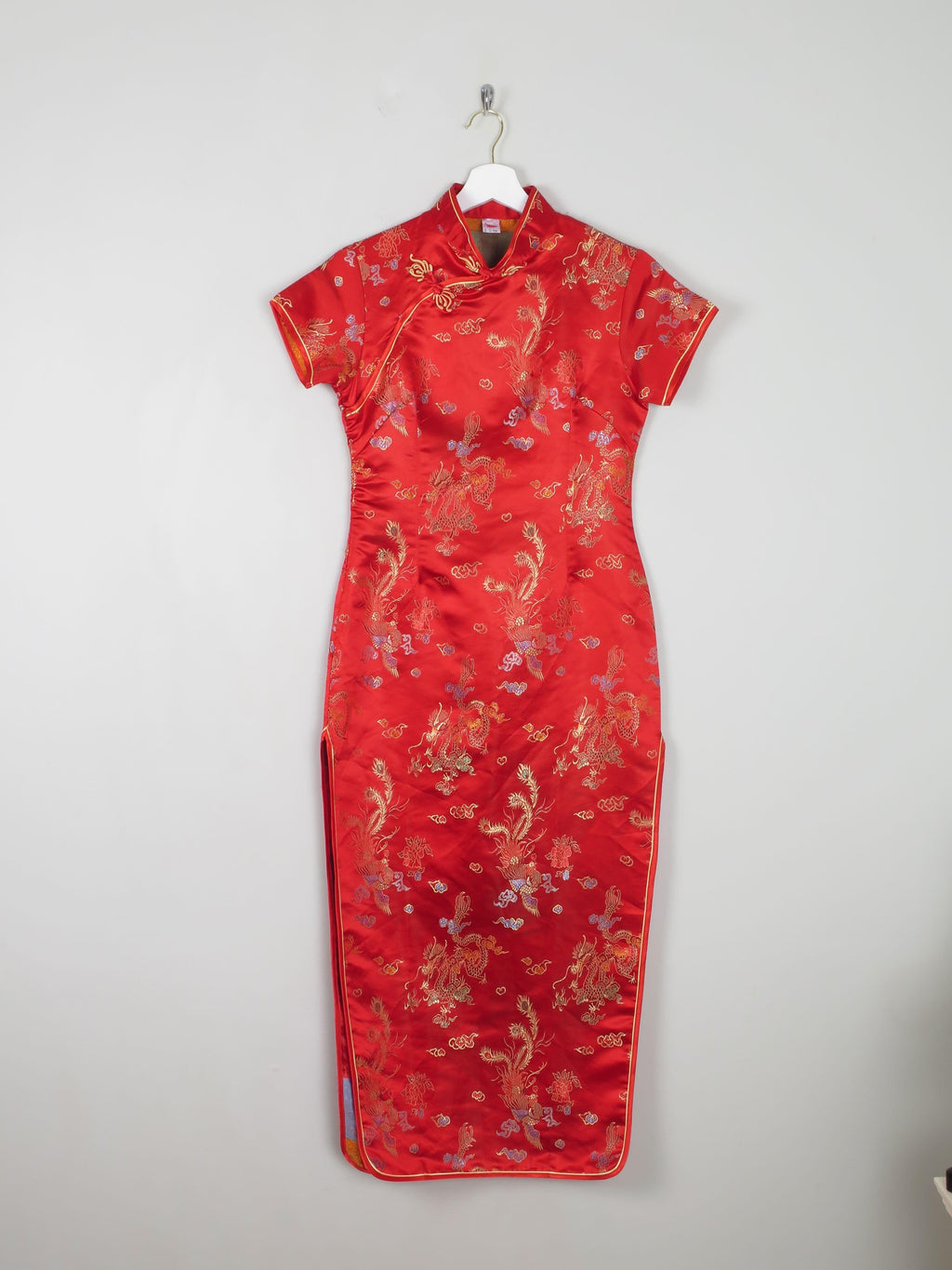 Red Silk Chinese Mandarin Vintage Dress Unworn XS 8 - The Harlequin
