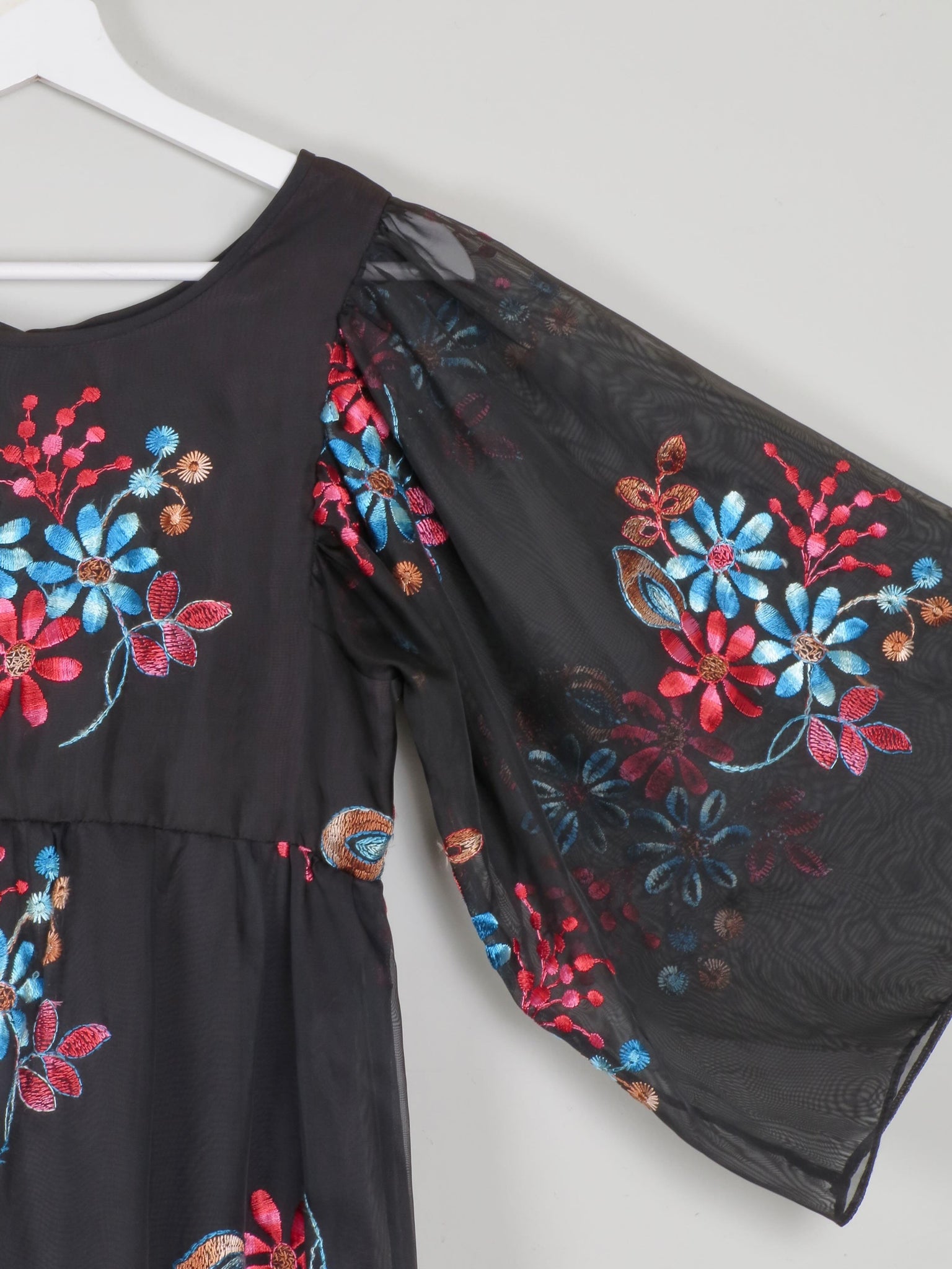 Black Long Vintage Floral Embroidered Dress XS - The Harlequin