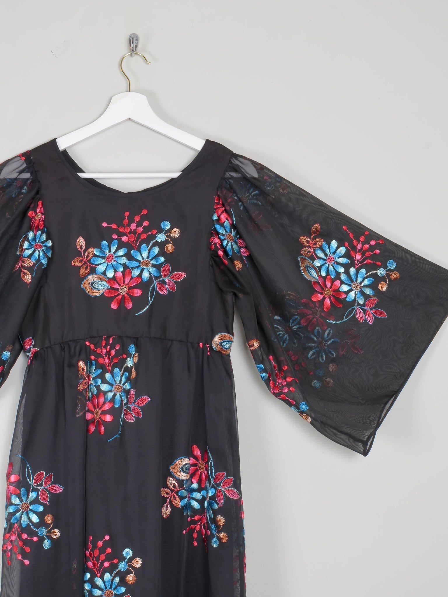 Black Long Vintage Floral Embroidered Dress XS - The Harlequin