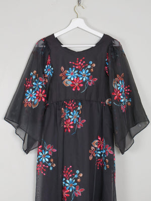 Black Long Vintage Floral Embroidered Dress XS - The Harlequin