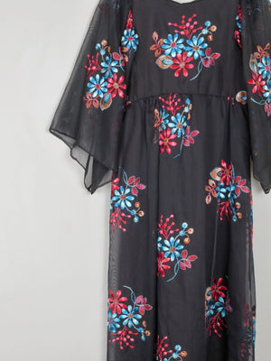 Black Long Vintage Floral Embroidered Dress XS - The Harlequin