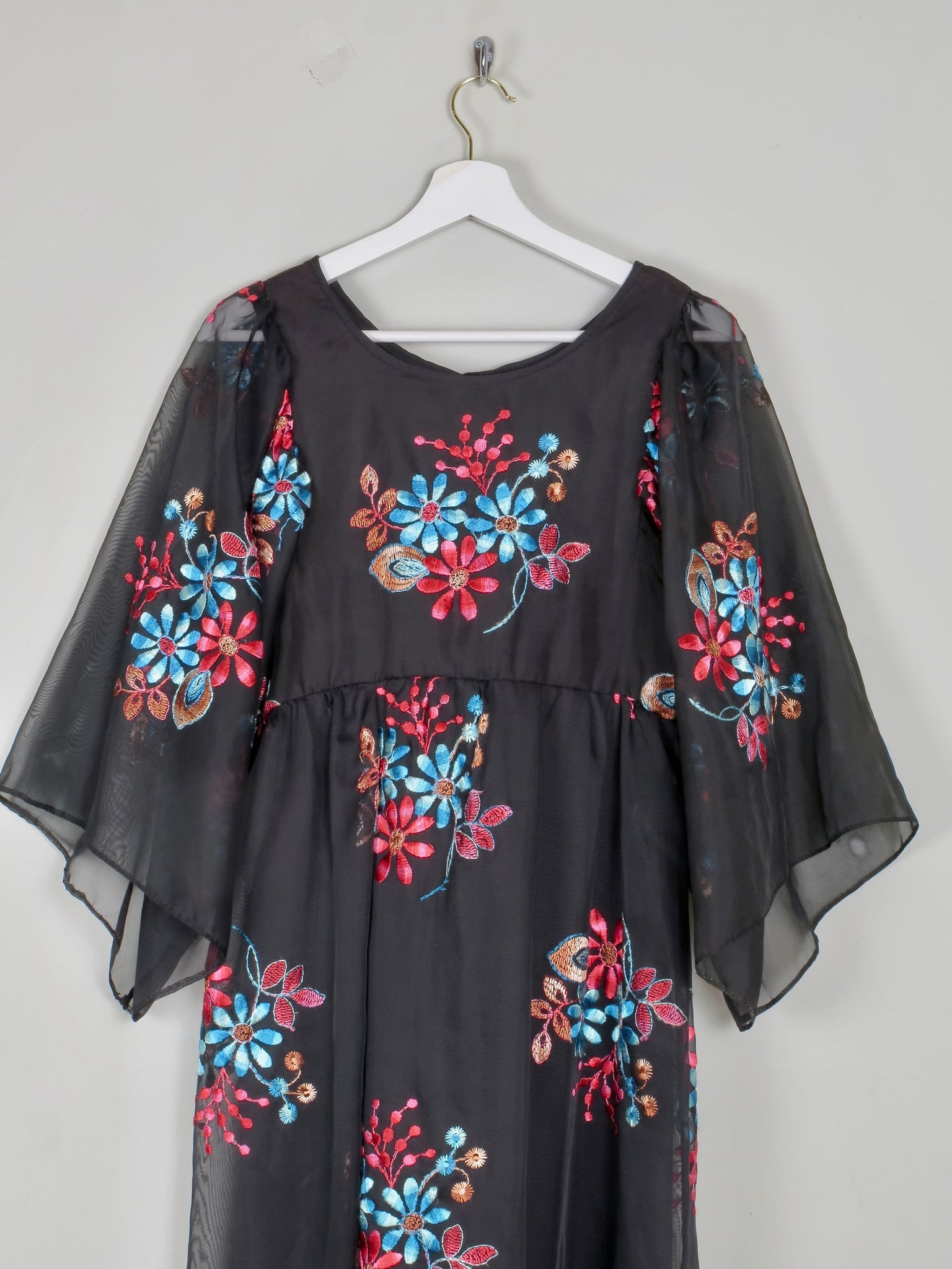 Black Long Vintage Floral Embroidered Dress XS - The Harlequin