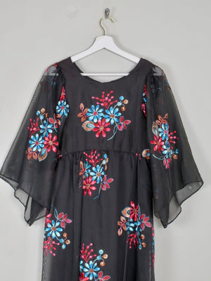 Vintage Black Long Floral Embroidered Dress XS - The Harlequin