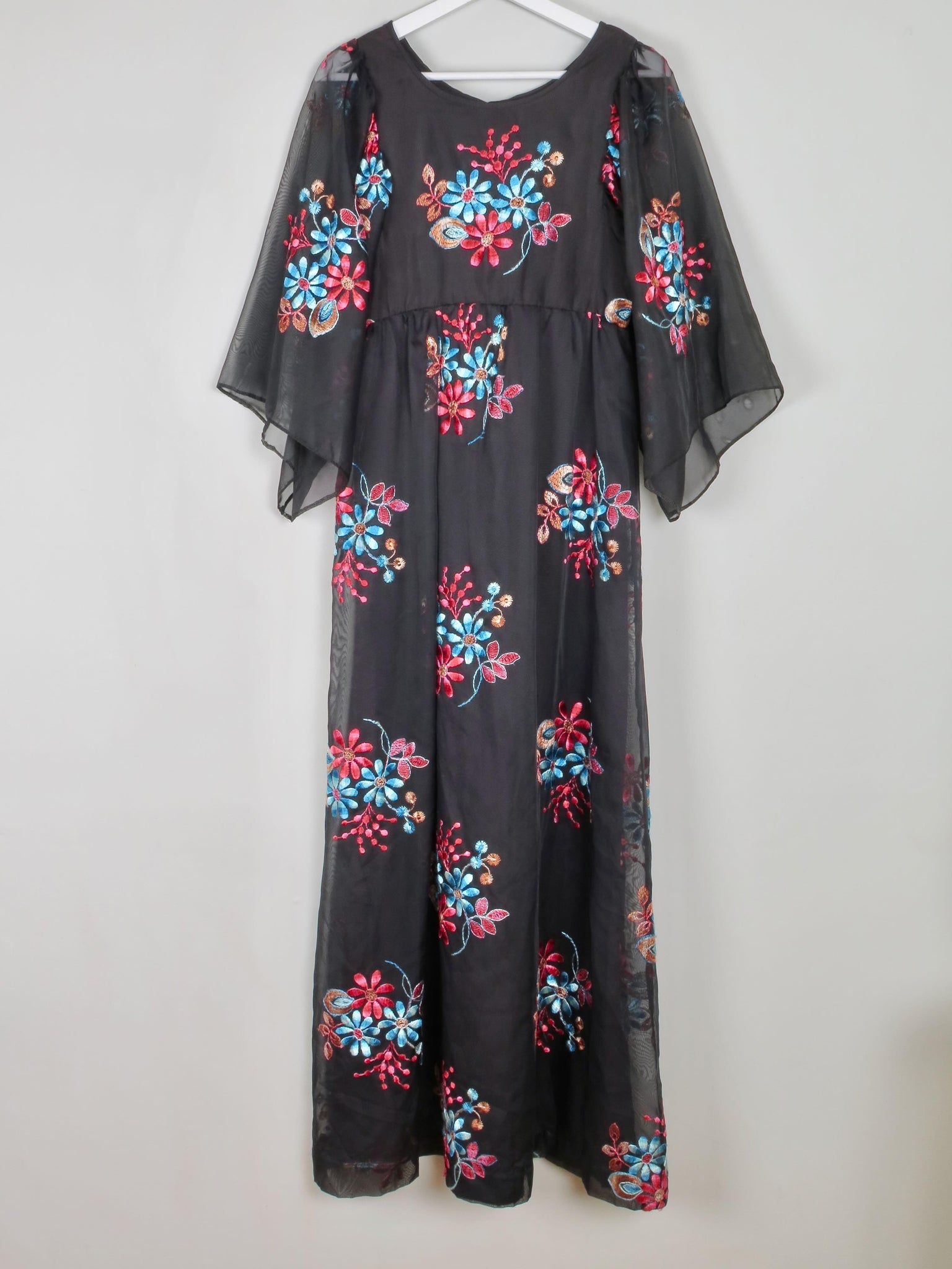 Black Long Vintage Floral Embroidered Dress XS - The Harlequin