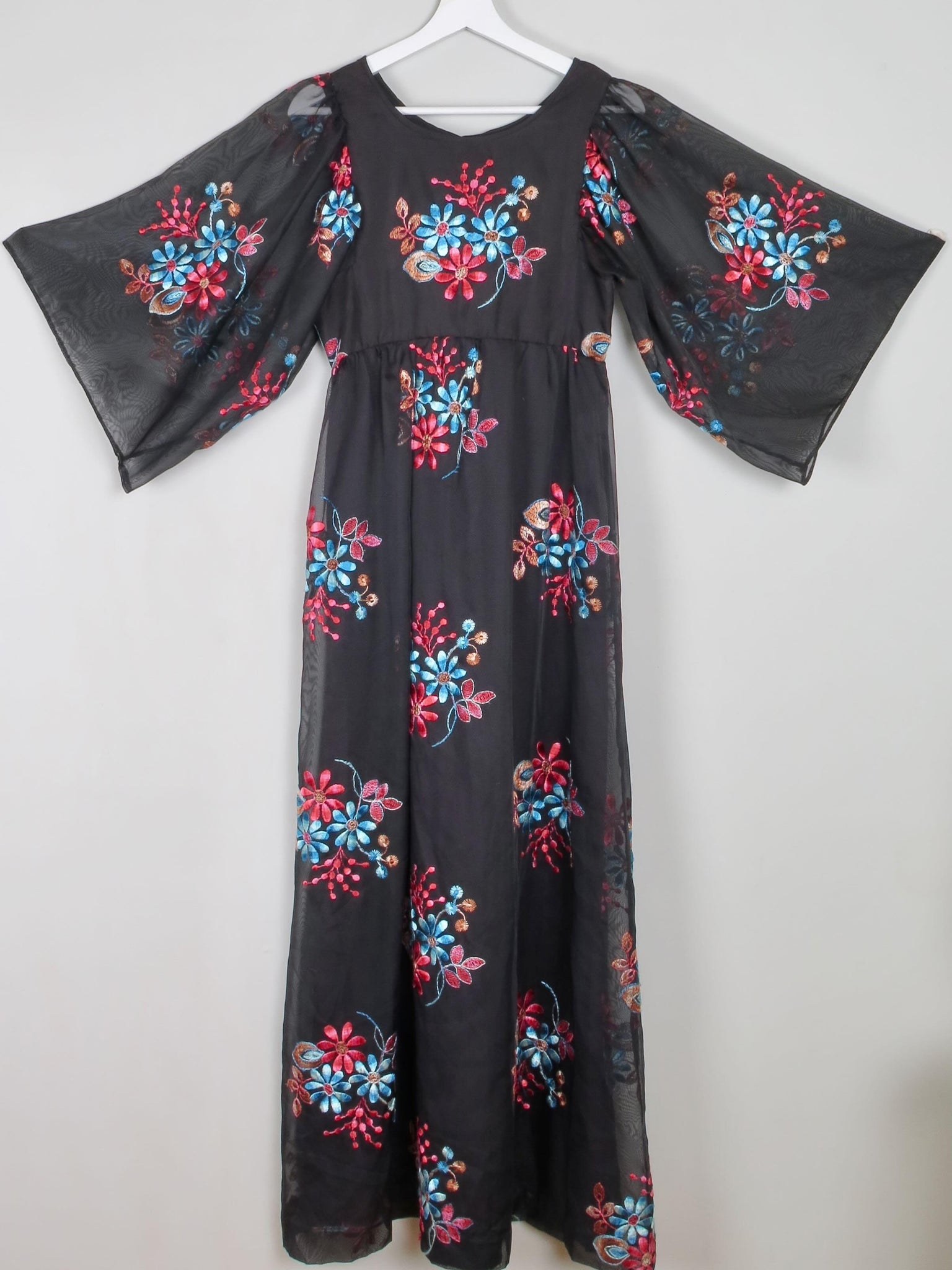 Black Long Vintage Floral Embroidered Dress XS - The Harlequin