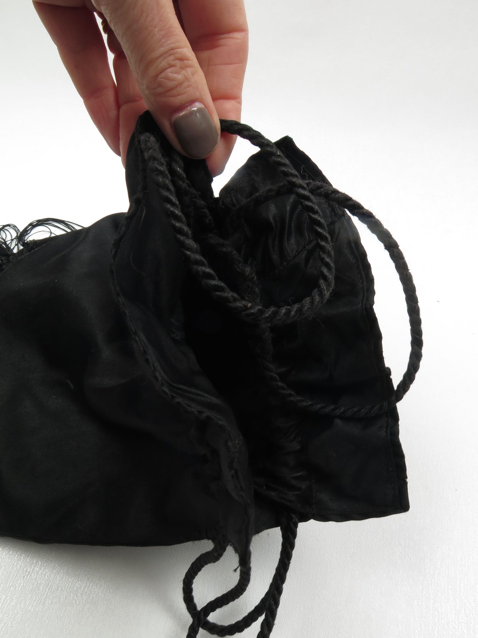 Vintage Black Fringed Silk Pouch Bag - The Harlequin