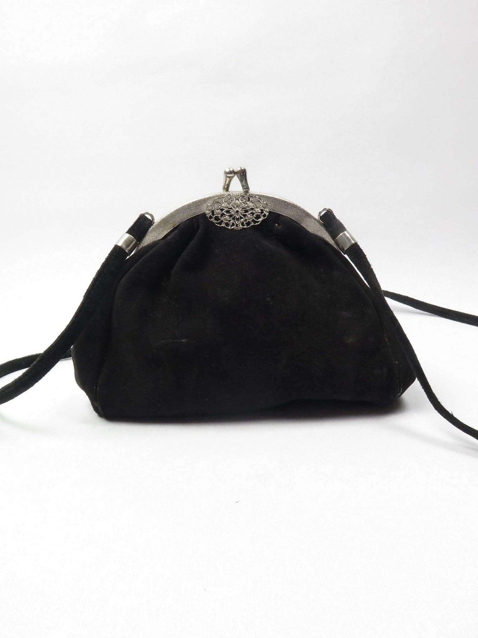 Vintage Black Suede Bag With Silver Clasp - The Harlequin