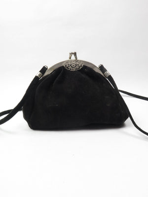 Vintage Black Suede Bag With Silver Clasp - The Harlequin