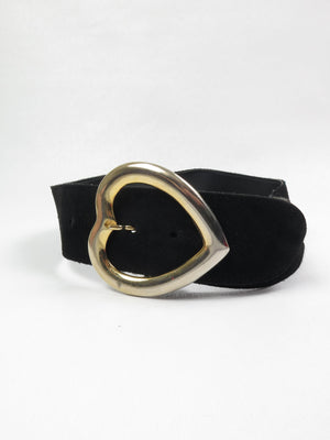 Vintage Black Suede Belt With Heart Buckle S - The Harlequin