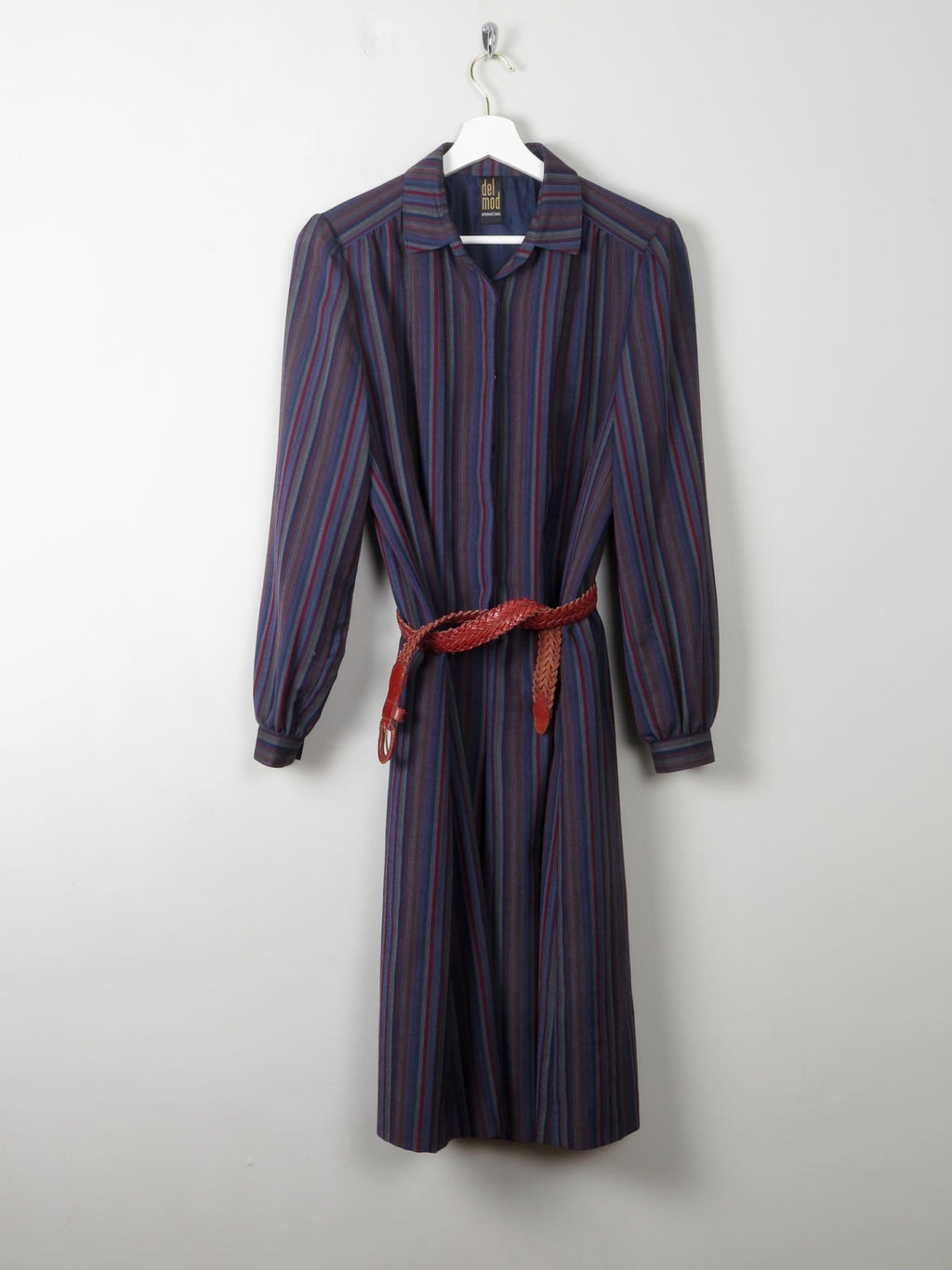 Vintage Blue Wool Striped Shirt Dress With Collar S/.M - The Harlequin