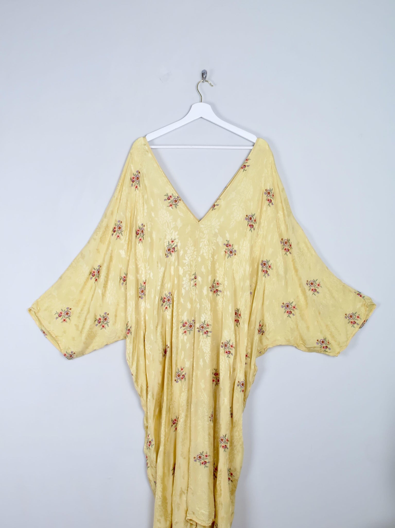Vintage Kimono Tunic Dress Buttermilk With Yellow Floral Embroidered  M-XL - The Harlequin