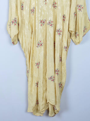 Vintage Kimono Tunic Dress Buttermilk With Yellow Floral Embroidered  M-XL - The Harlequin
