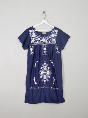 Vintage Navy & Blue Embroidered Mexican Dress S/M - The Harlequin