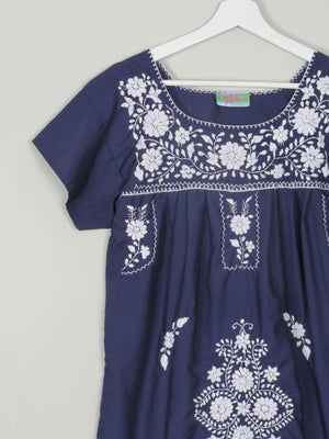 Vintage Navy & Blue Embroidered Mexican Dress S/M - The Harlequin