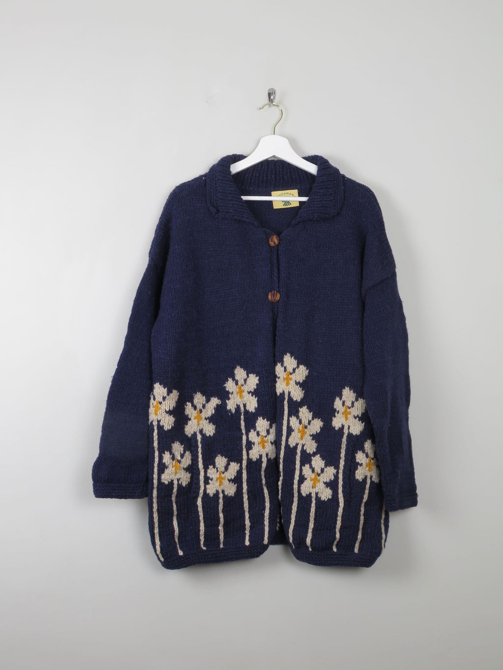 Women's Navy Vintage Wool Cardigan Handmade L/XL - The Harlequin