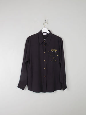 Women's Vintage Black Blouse With Gold Motif S/M - The Harlequin