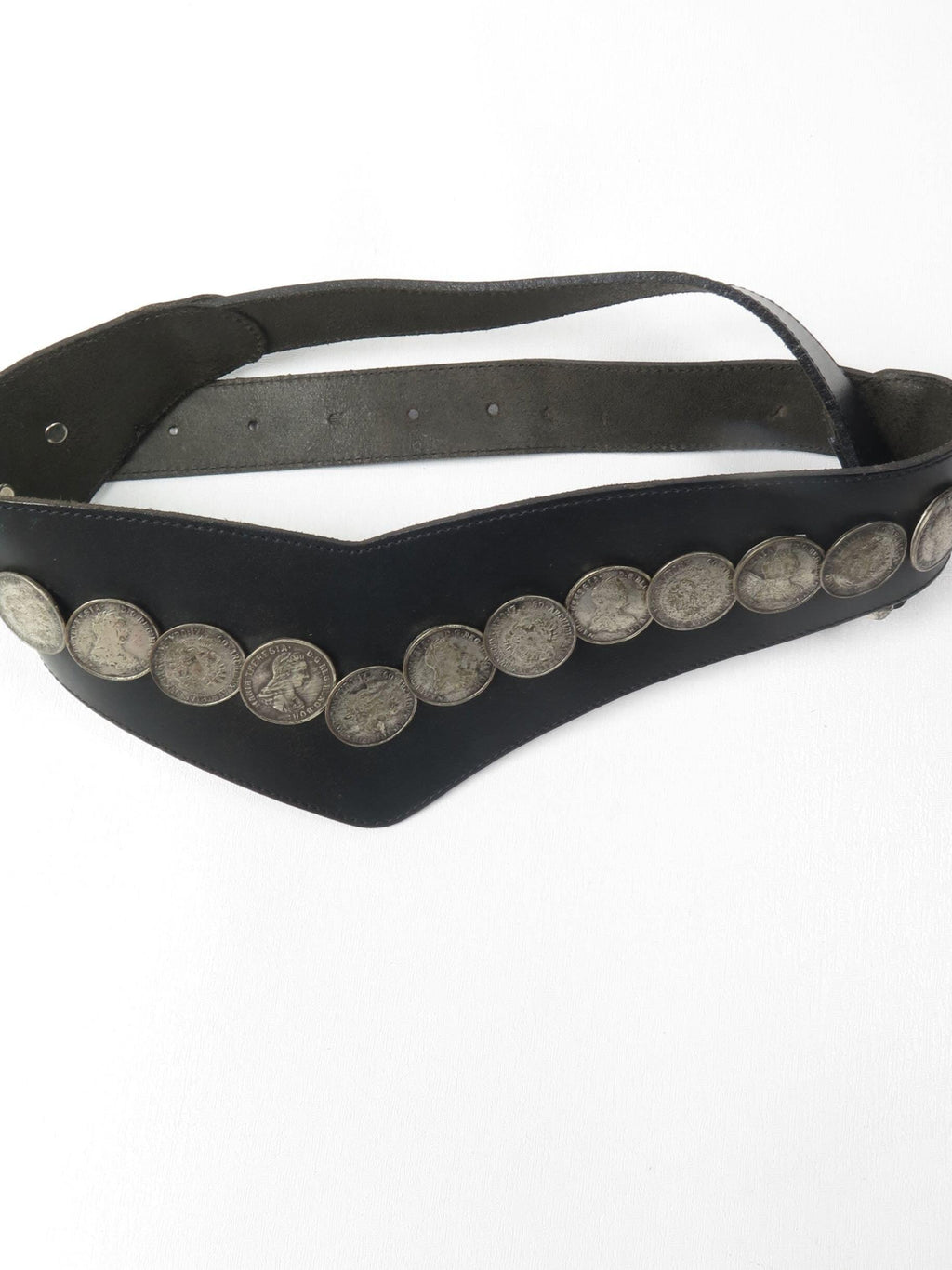 Women's Vintage Black Leather Coin Belt M/L - The Harlequin