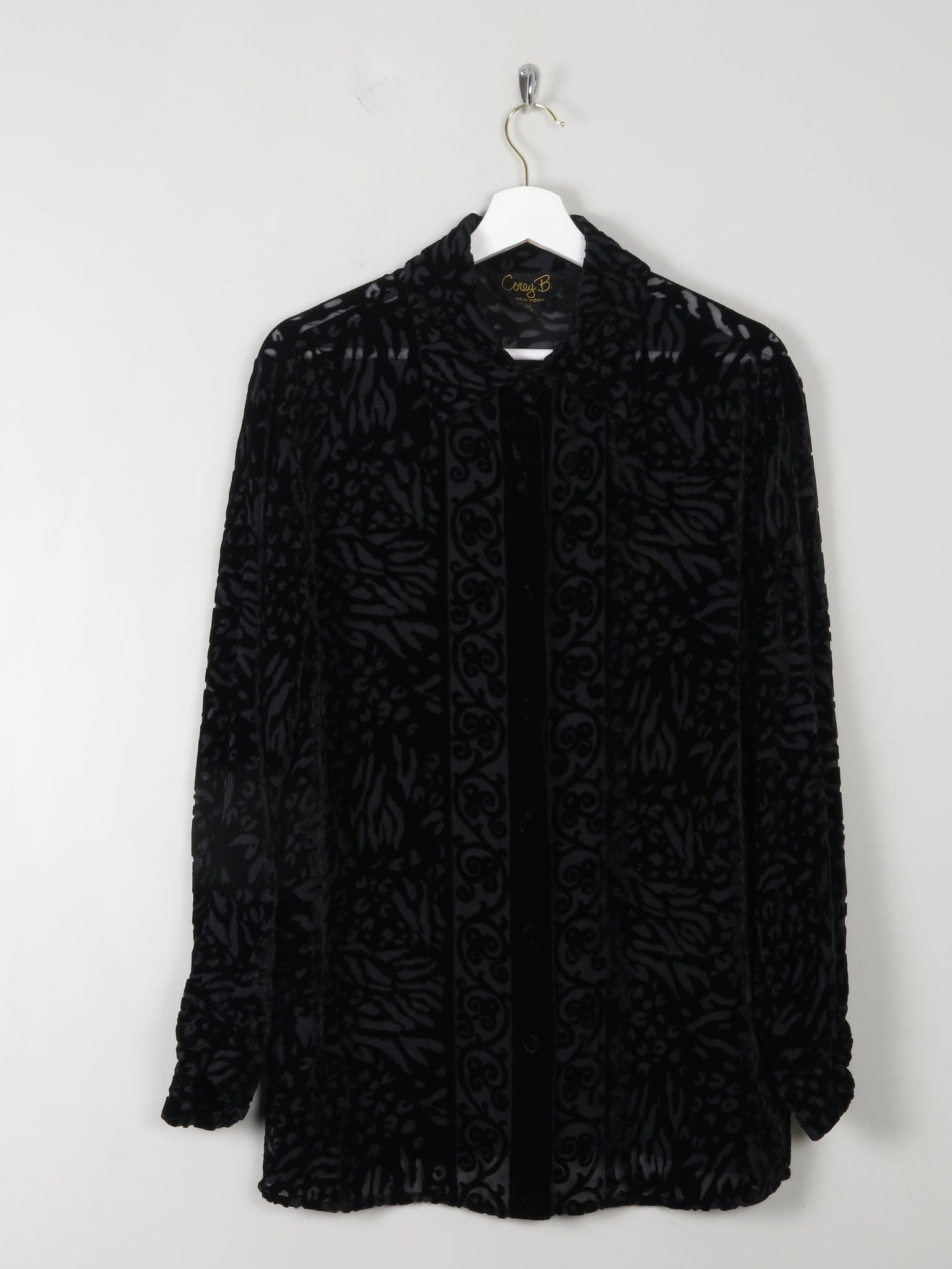 Women's Vintage Black Velvet Devore Shirt M - The Harlequin