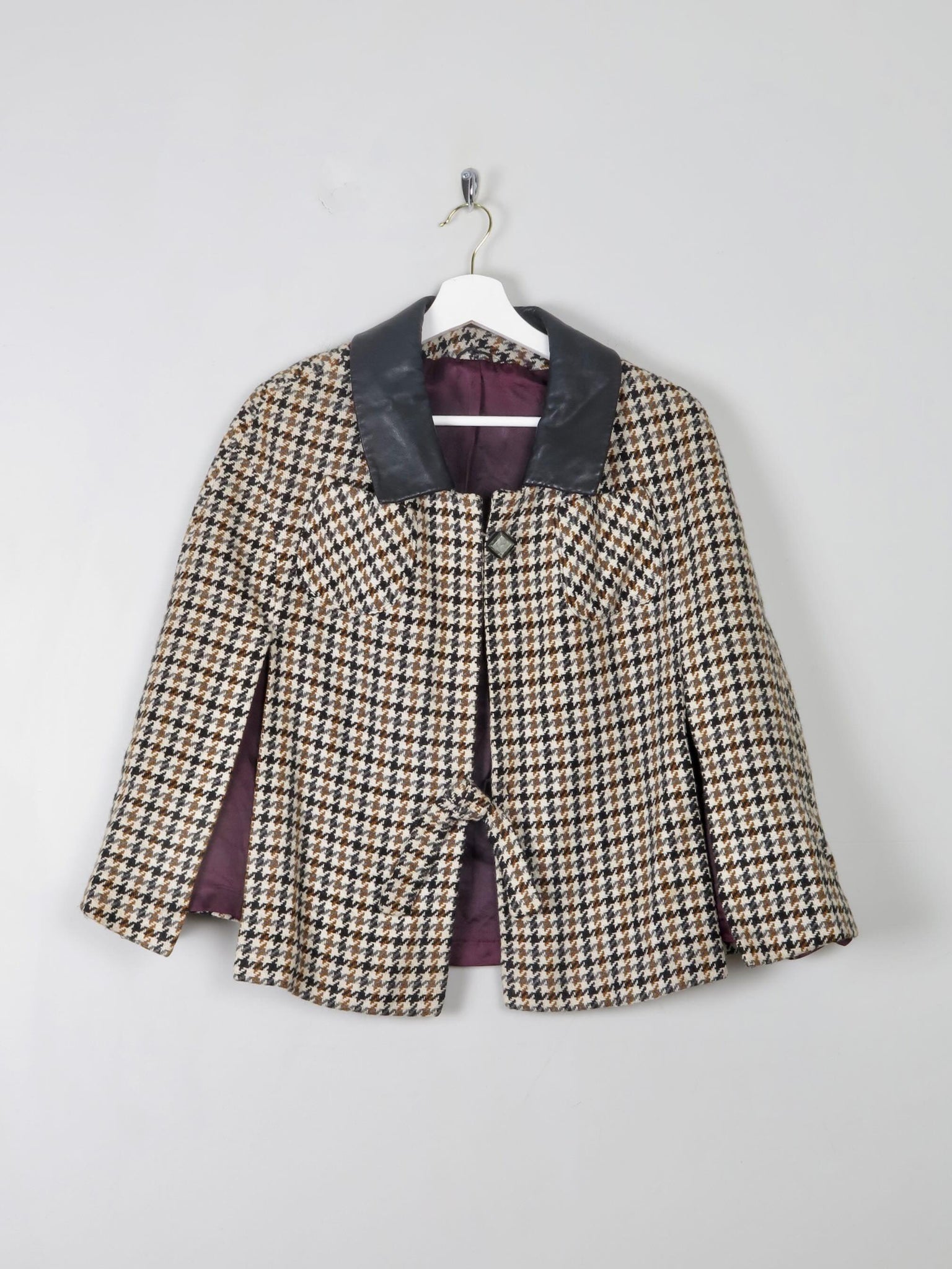 Women's Vintage Classic Tweed Cape With Leather S/M - The Harlequin