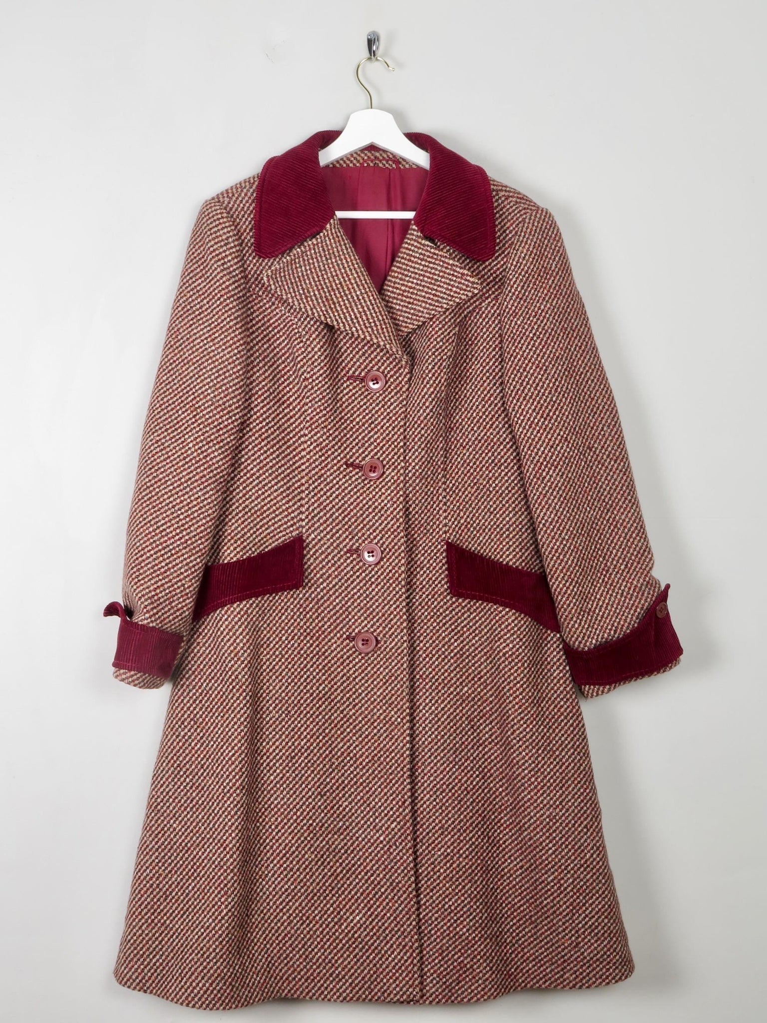 Women's Vintage Wine Tweed Coat L - The Harlequin