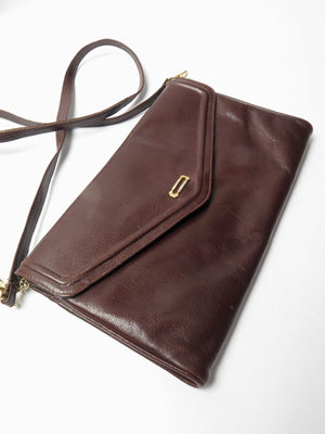 1970s Brown Leather Envelope Handbag With Strap - The Harlequin