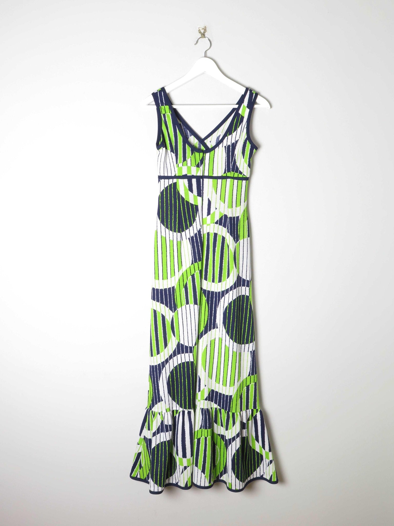 1970s Lerose Vintage Green & Navy Printed Long  Dress 8 - The Harlequin