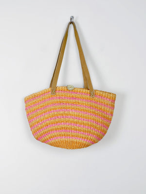 1970s Straw Bag Large Yellow & Pink With Leather Strap - The Harlequin
