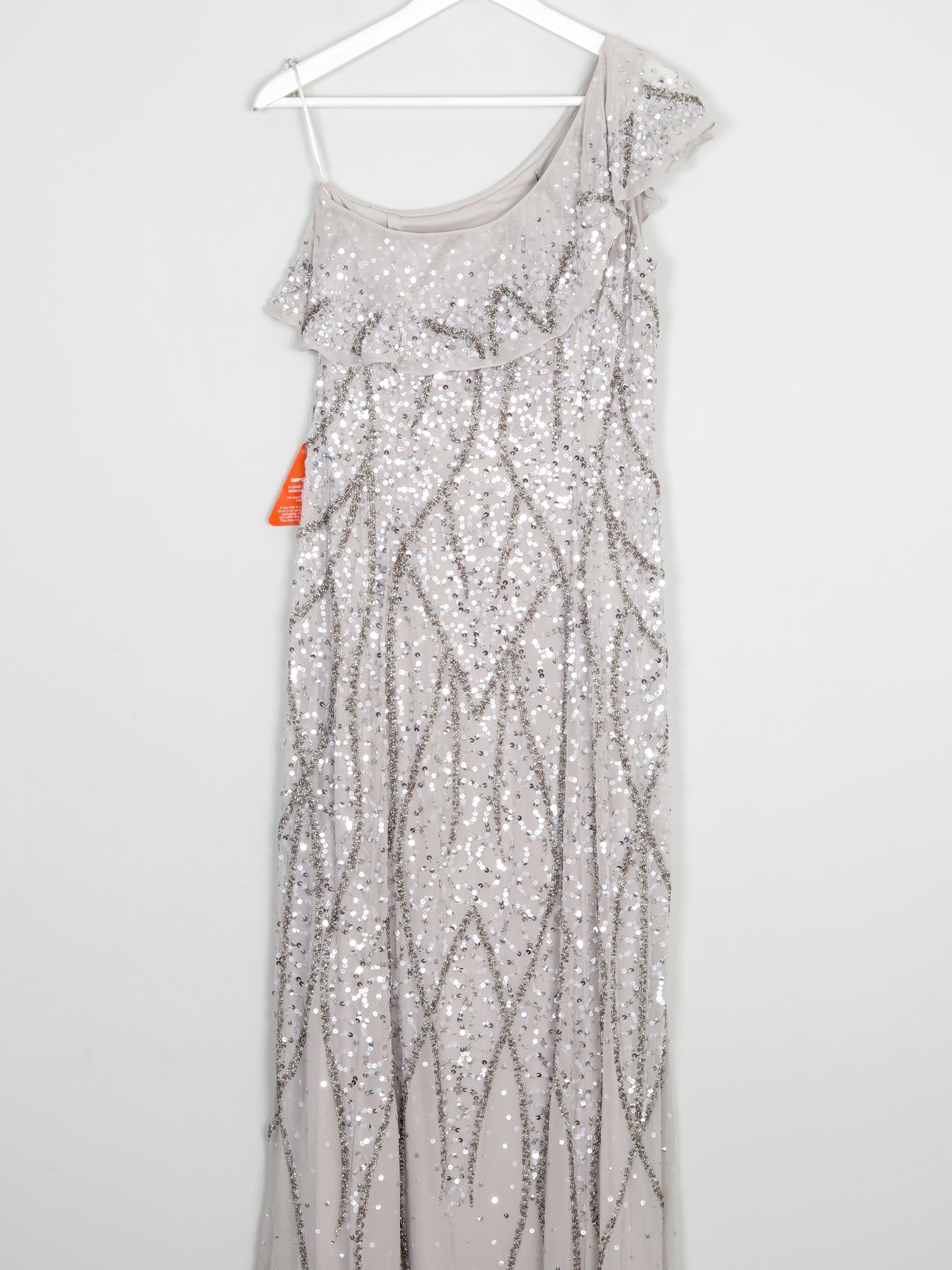 Grey/Silver Beaded Full Length One Shoulder Evening Dress 10