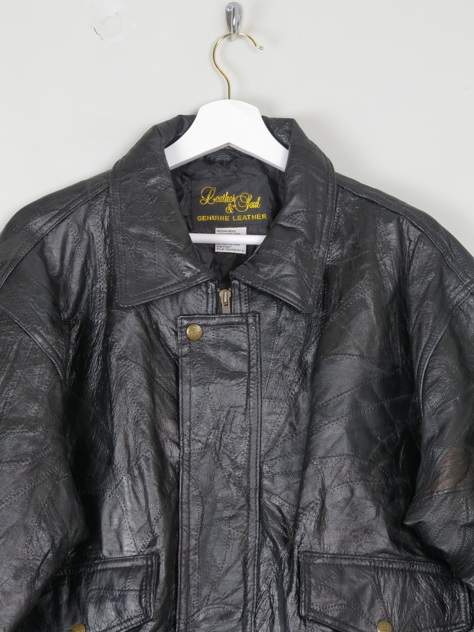 Mens Vintage Patchwork Leather Bomber Jacket S/M