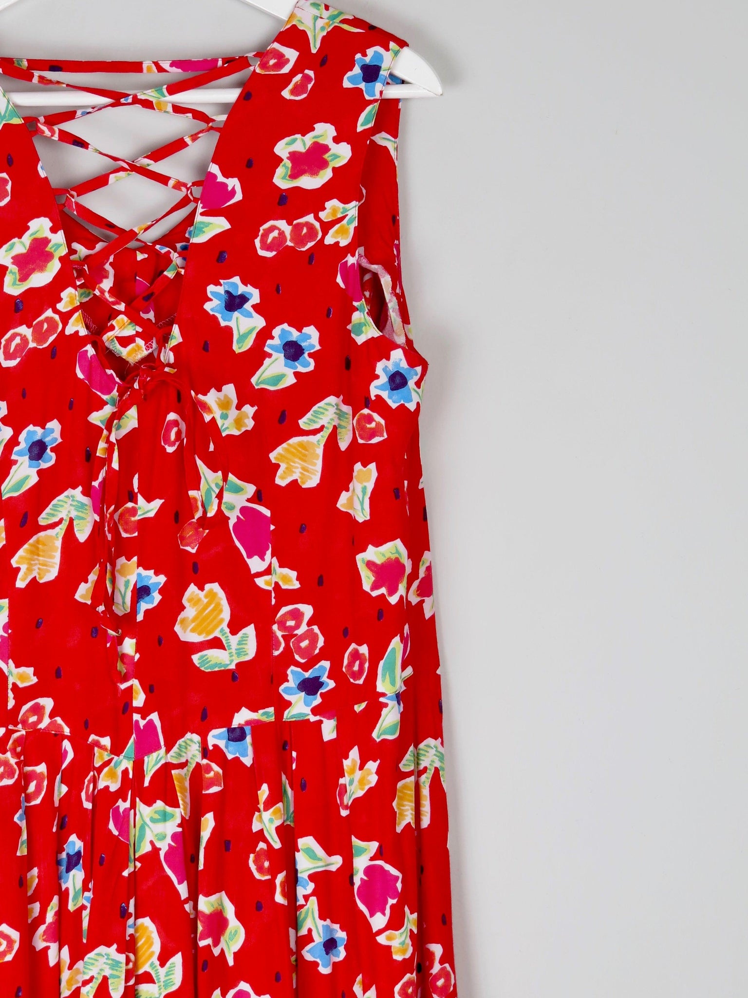 Vintage Red 1990s Summer Dress With Floral Print L