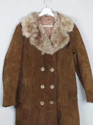 Women's Brown Vintage Suede Coat With Furry Collar 1970s  S/M