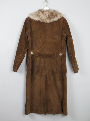 Women's Brown Vintage Suede Coat With Furry Collar 1970s  S/M