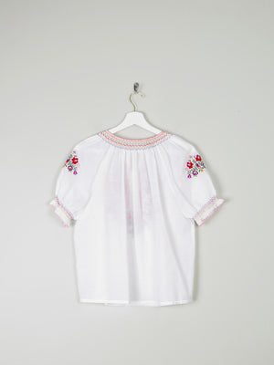 White Embroidered Cropped 1970s Peasant Blouse S/M