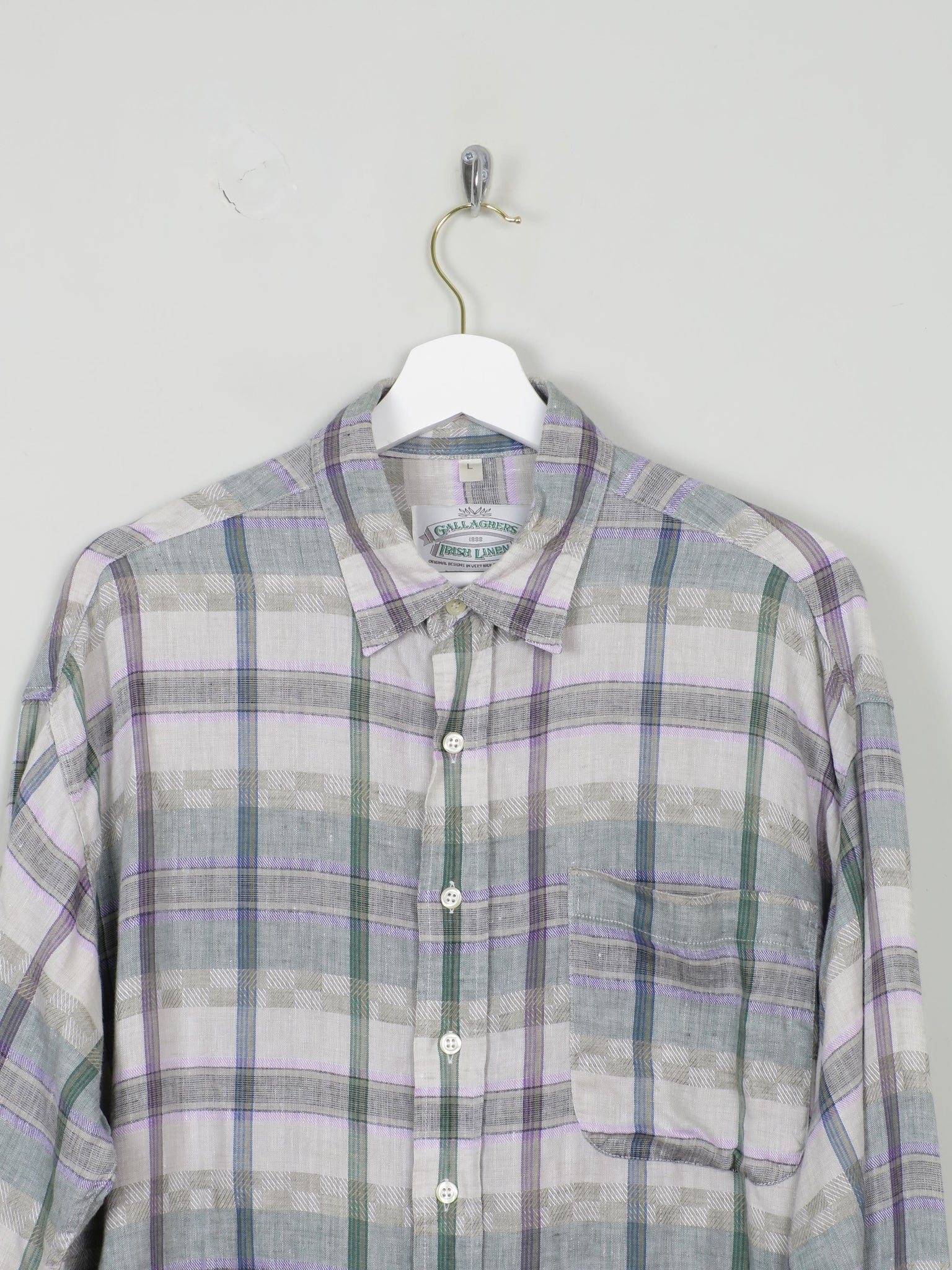 Men's Vintage Irish Linen Shirt Stone/Lilac/Green Gallaghers L
