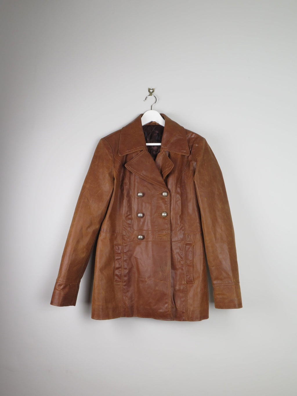 Women’s Tan Leather Double Breasted 3/4 Coat L