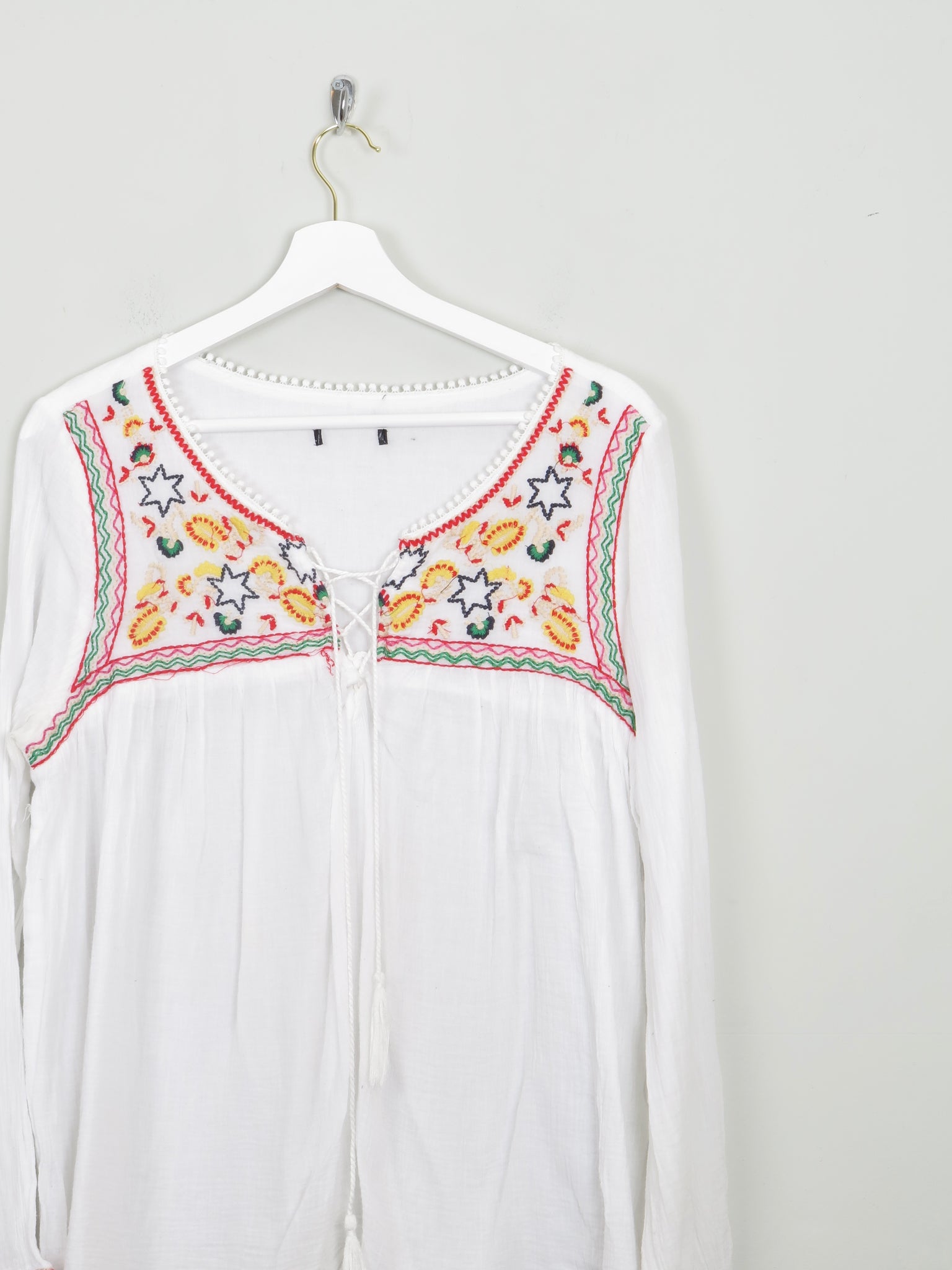 White Embroidered Long Sleeved Blouse M