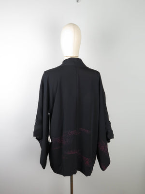 Black Vintage Kimono With Pink Embroidery M