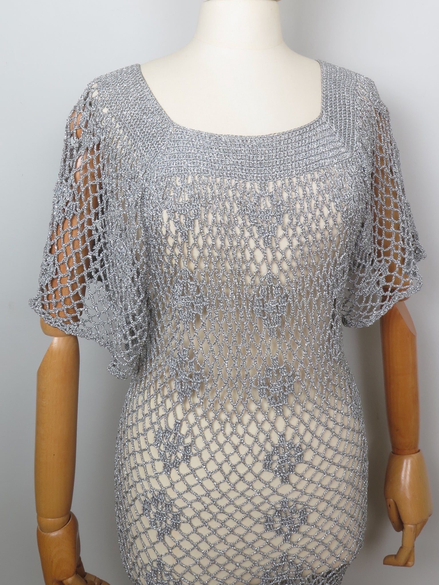 1970s Silver Hand Crochet Dress S/M